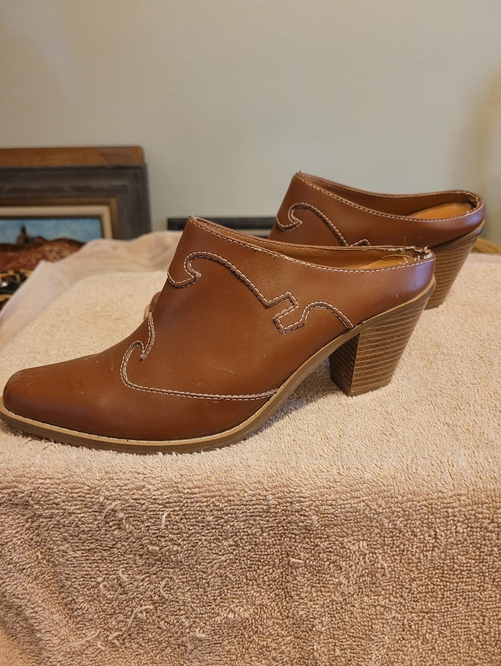 Brown Leather Heeled Mule with Western Stitching